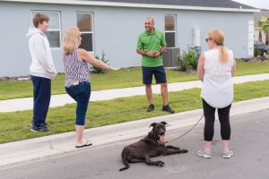 Dog learning leash manners with patience and positive reinforcement in South Florida.